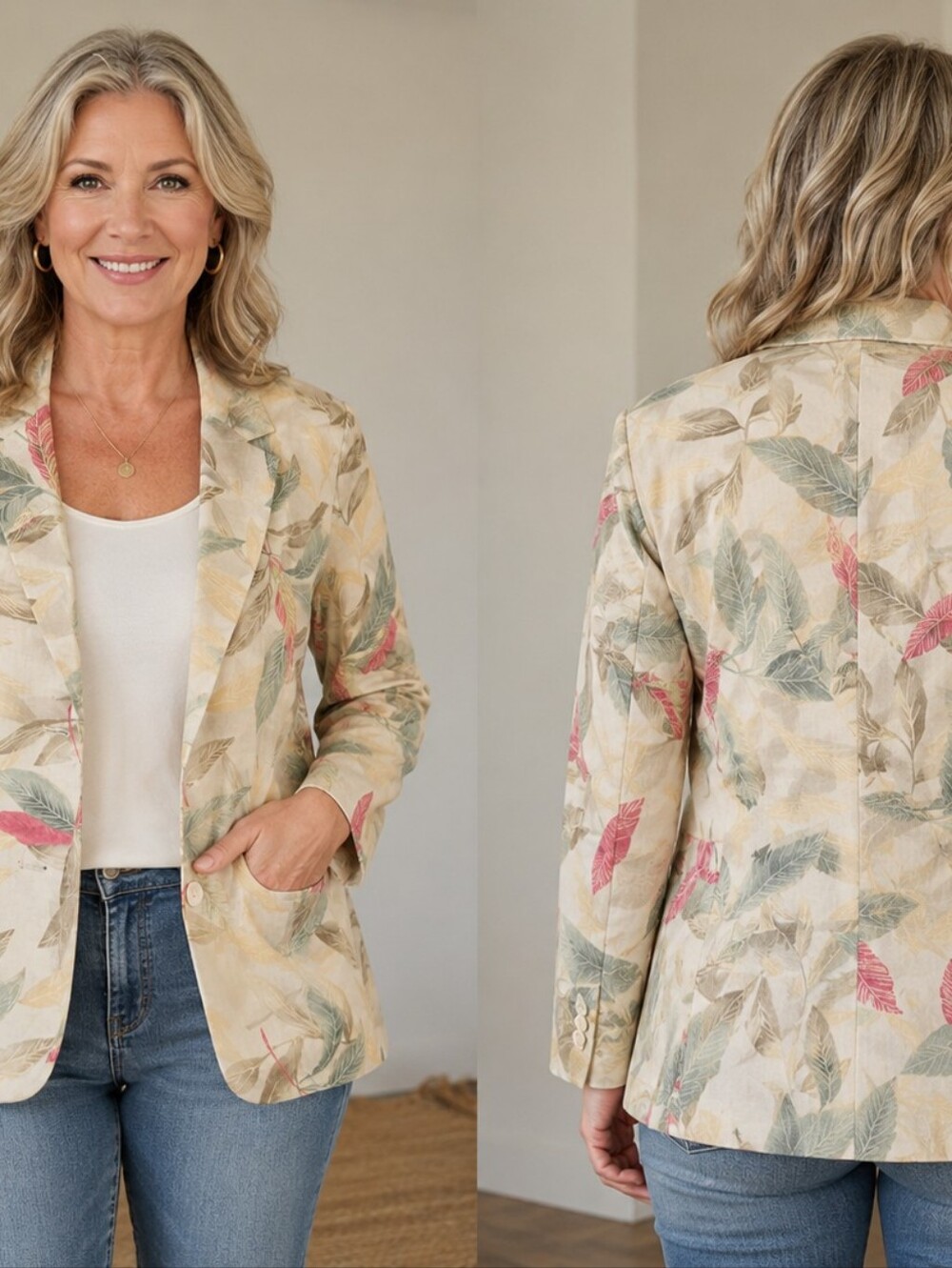 Alfred Dunner Tropical Leaf Linen Blend Blazer – Women’s Size 10 Casual Career J